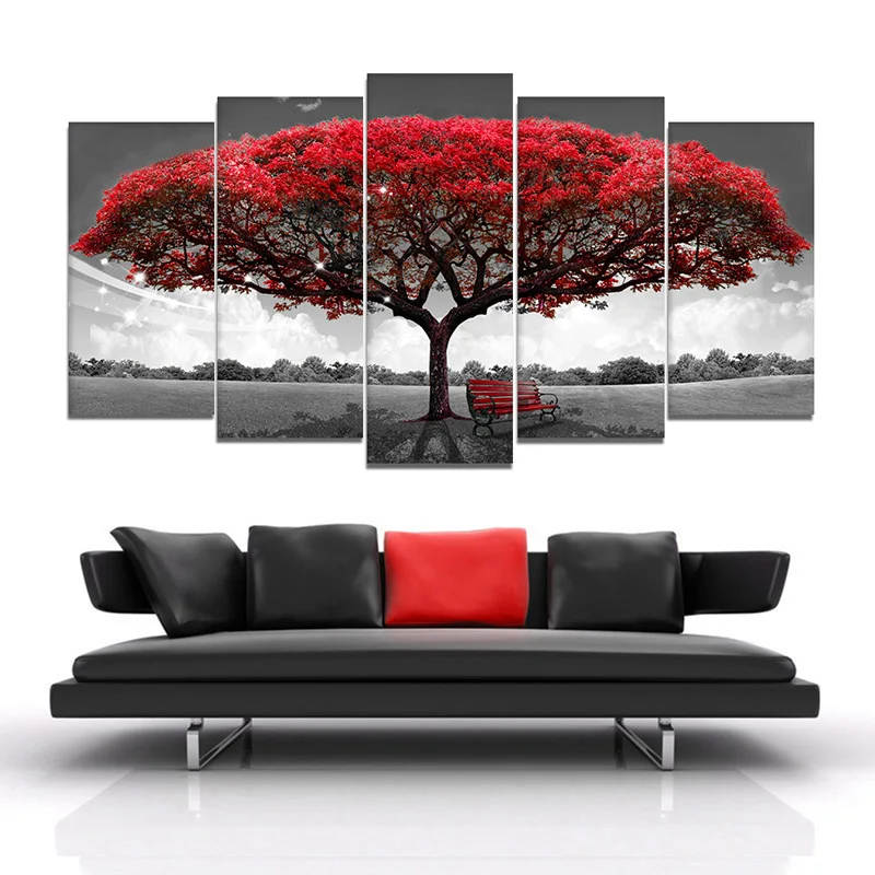 5 Panels Modular Red Leaves Tree Canvas Poster HD Printed Landscape Painting Wall Art For Living Room Decoration | Дом и сад