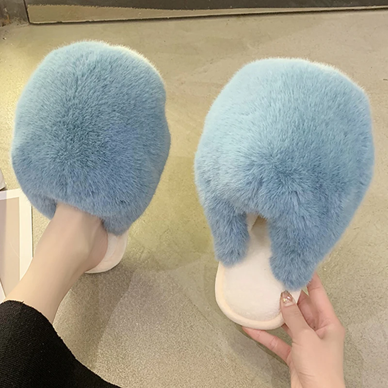 

Female Slippers Mules Shoes Winter Round Toe Furry Home Flip Flops Shoes Women Plush Indoor Slides Ladies 2021 Fur Slippers