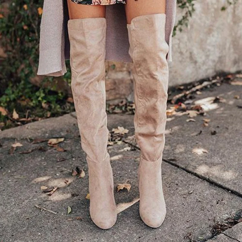 Sexy Women's Rounded Toe Middle Thick Heels Over-the-Knee Boots Side Zipper Solid Suede Long Thigh Booties Autumn Winter