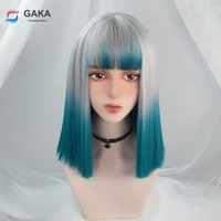 gaka womens synthetic hair silver grey gradient dark blue medium length heat resistant cosplay wig with bangs