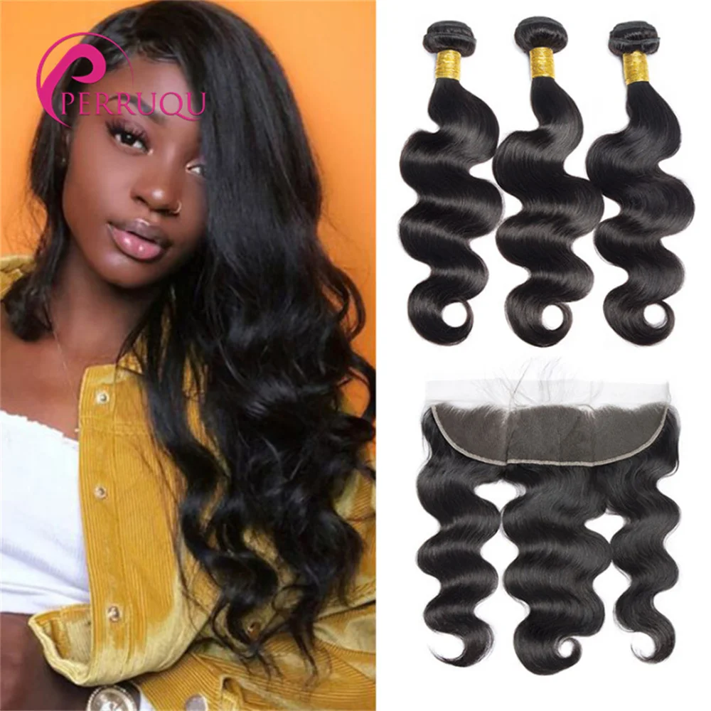 Perruqu Body Wave Human Hair Bundles With Closure Brazilian Remy Hair Extension Natural Black Bundles With 13X4 Lace Frontal