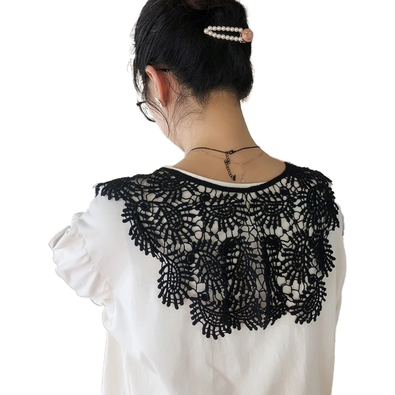 

Women Spring Crochet Fake Collar Shawl Wrap Embroidery Paisley Floral Decorative Cape Tie Knot Front Mini Poncho Scarf