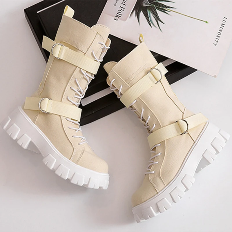 

British Style Martin Shoes Women's Autumn Thin Section 2021 New Canvas High-Top Thick-Soled Casual Round Toe Motorcycle boots