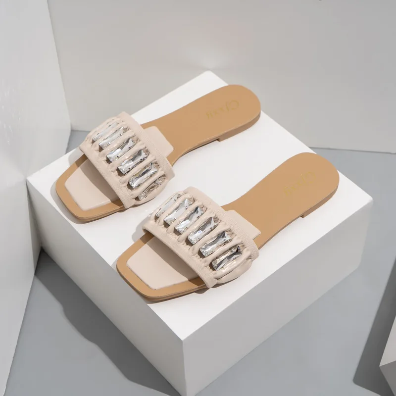

Fashion Women Pleated Crystal Slippers Pu Leather Flat Slides Woman Low Heel Non Slip Rubber Beach Shoes Ladies