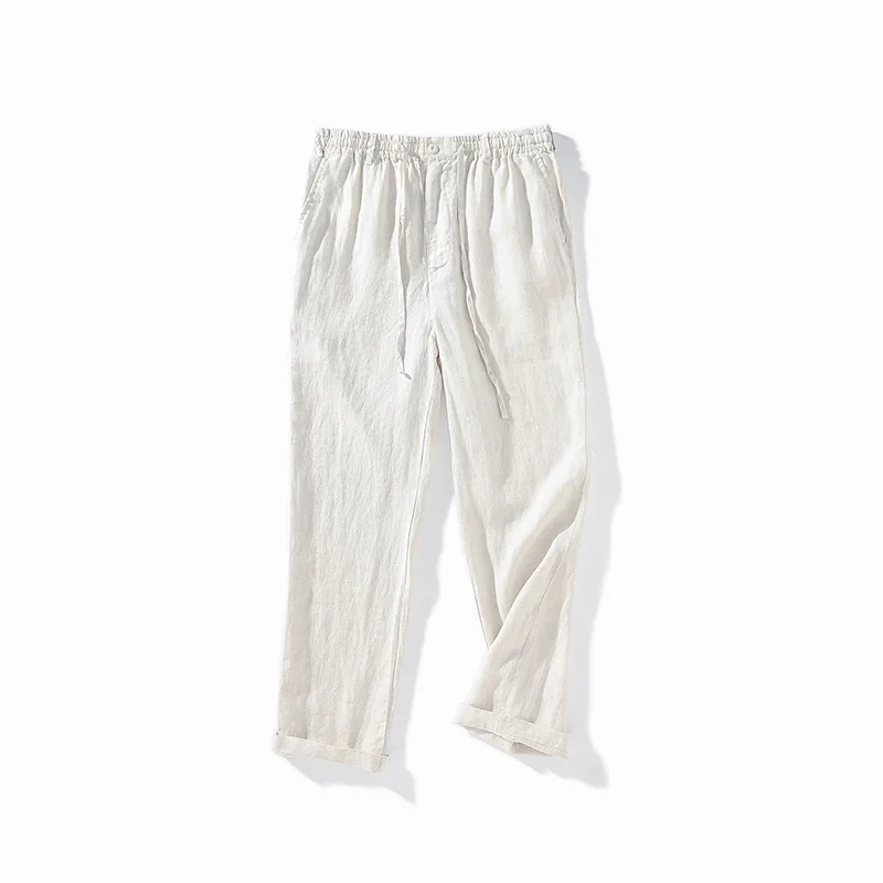 

060 Men Linen Casual Pants Four Season Fresh Simple Urban Fashion Loose Straight Drawstring Solid Color Elastic Waist Trousers