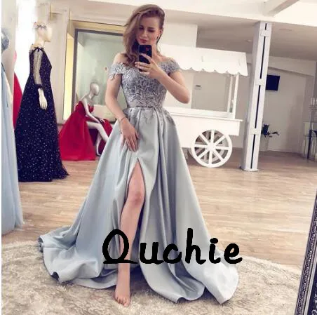 

Gray High Split Off The Shoulder Prom Dresses Plus Boho vestidos de Festa A Line Long Prom Dress Robe De Soiree