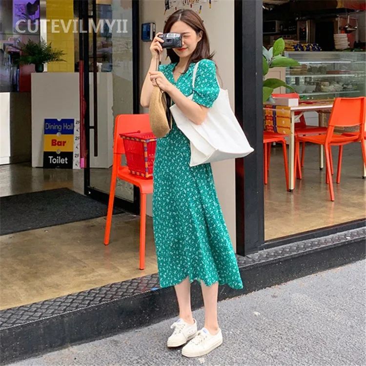 Женское винтажное платье с коротким рукавом повседневное свободное зеленое до