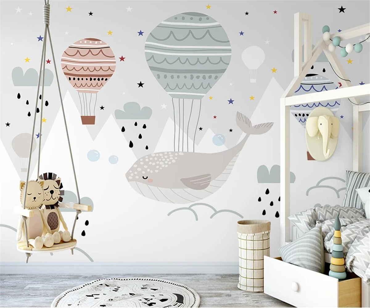 

beibehang Custom Nordic hand-painted whale hot air balloon valley children's room starry sky background wallpaper papier peint