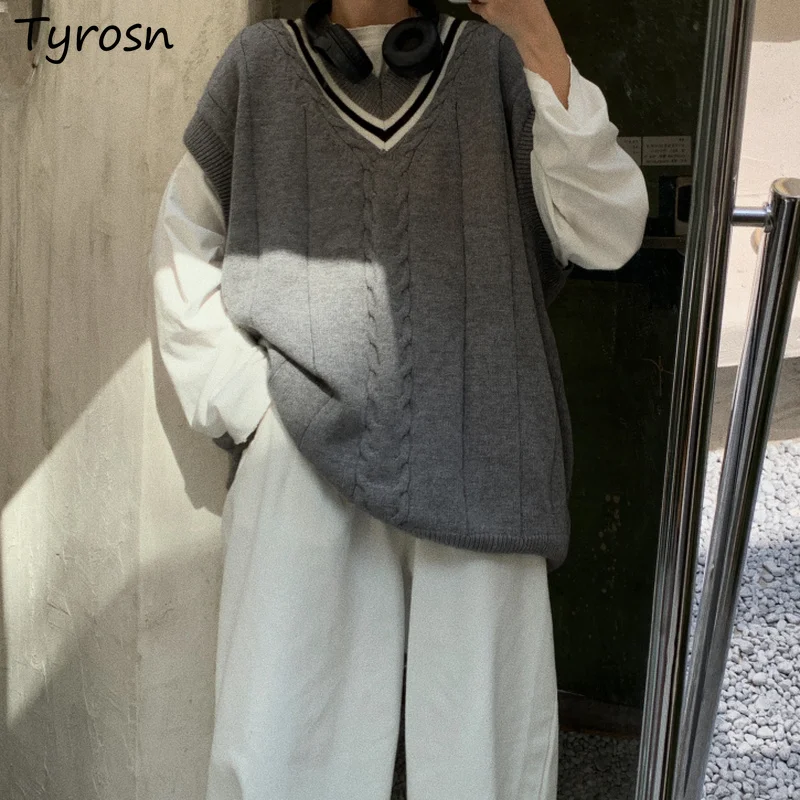 

Sweater Vest Women New Arrival All-match Retro Gray Preppy Style Knitted Sleeveless Tops Teens Stylish V-neck Loose-fit Sweaters