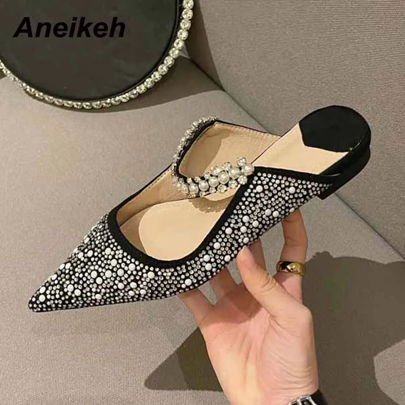 

Aneikeh 2022 NEW Women Shoes Fashion Novelty Summer Shallow Beach Mules Mesh Pumps Heels Pointed Toe Bling Sweet DRESS Polka Dot