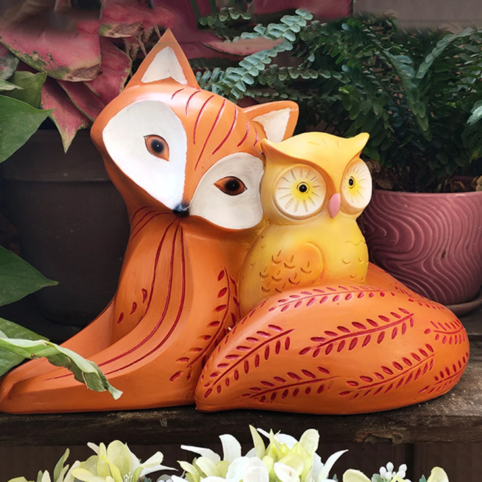 

Outdoor Fox and Owl Sculpture Resin Lawn Garden Patio Animal Statue Decor Yard Art
