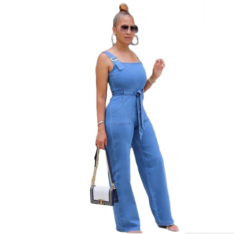 

2021 New Women Denim Strappy Jumpsuit Backless Long Bodycon Bodysuit Summer Autumn Suspender Jump Suits For Women Casual Clothes