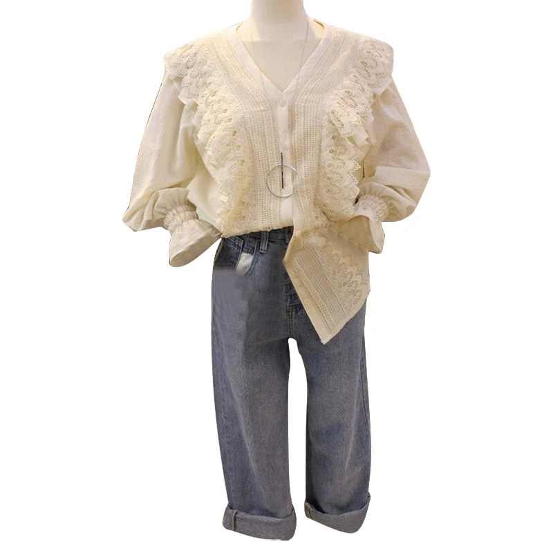 

Spring Autumn Women's Blouse New Solid Color V-neck Trumpet Sleeve Lace Top Female Korean Style Loose and Thin Casual Tops LL249