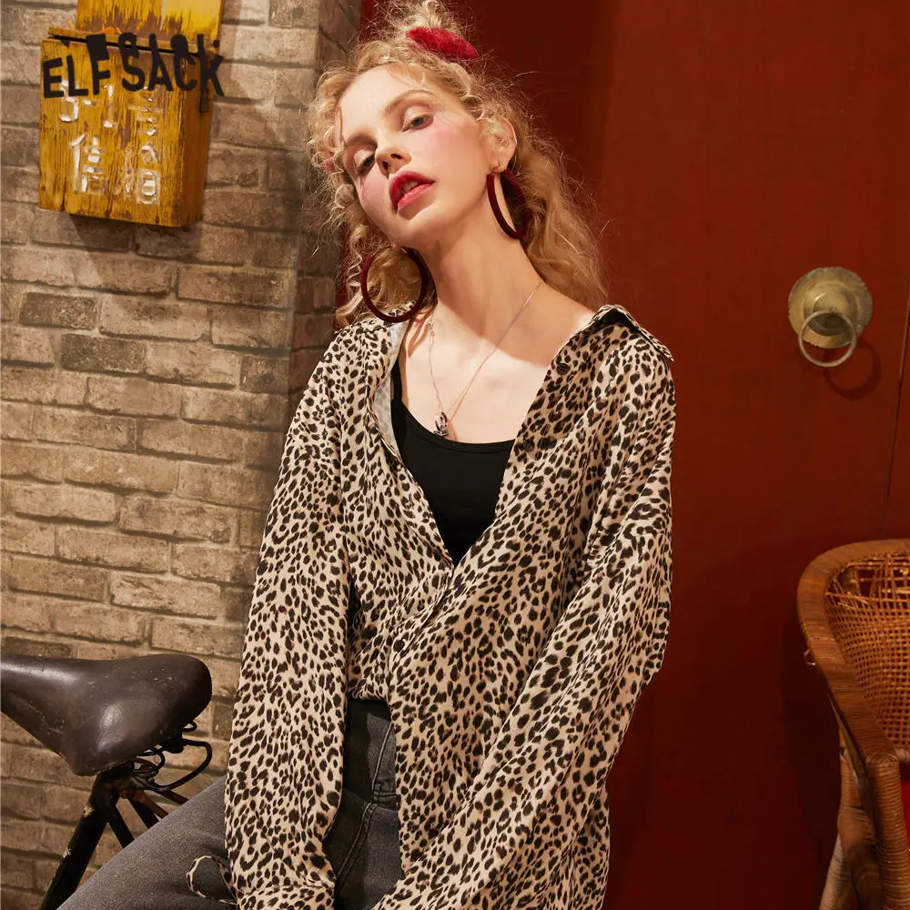 ELFSACK коричневая леопардовая однобортная шифоновая блуза в Корейском стиле для