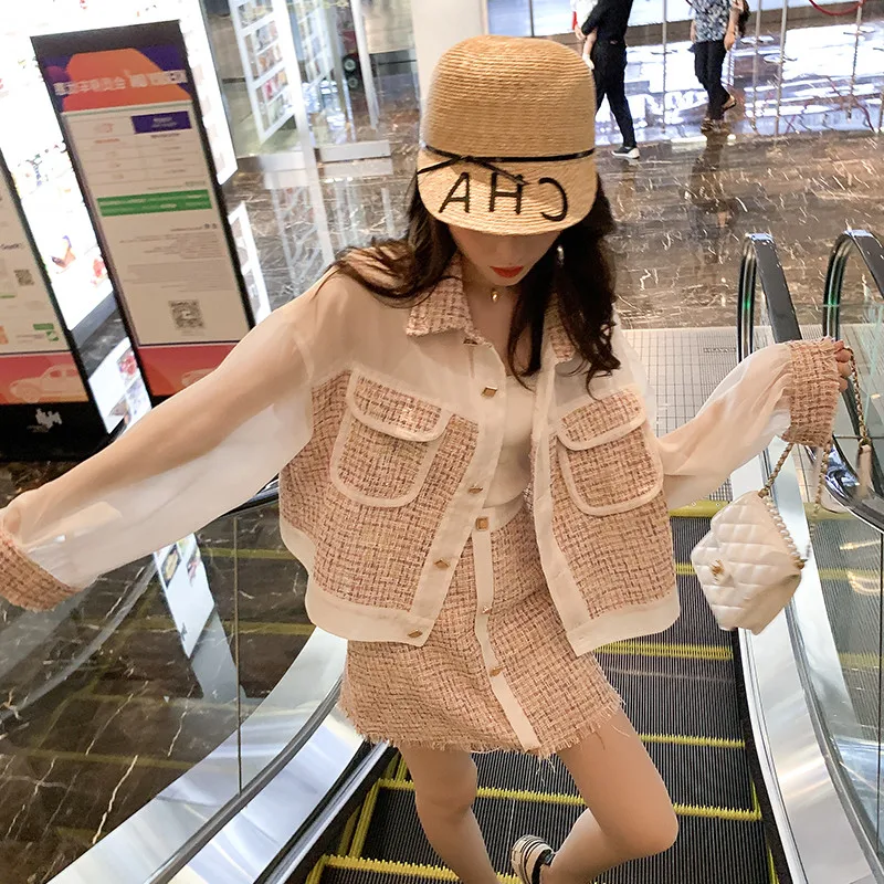 

Summer Spring Pink Women Skirt Suit Button Pocket Ladies Two Piece Set Spliced Coats Skirt And Short Blazer Female CC287