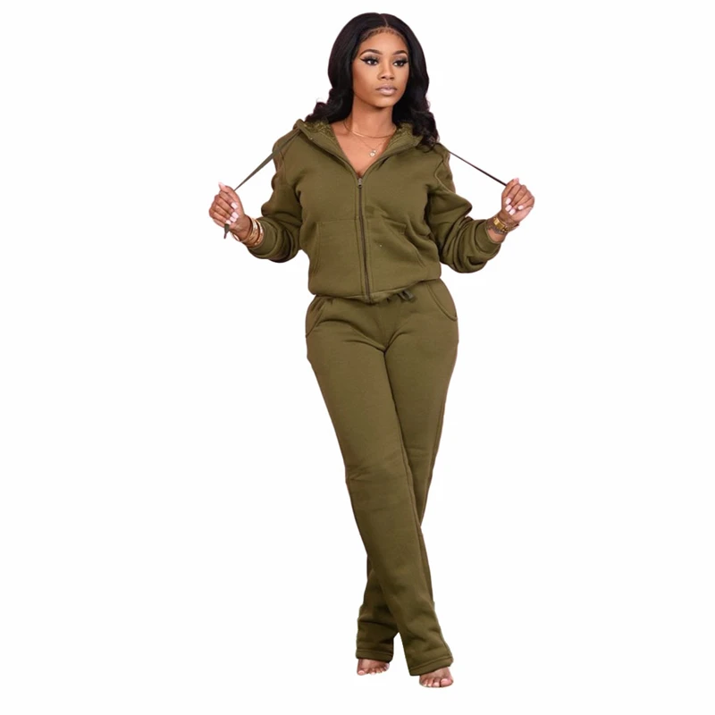 

Solid Fleece Tracksuit Women 2 Piece Set Autumn Winter Clothes Zipper Hooded Top Long Pants Suit Casual Women's Sets Warm Outfit