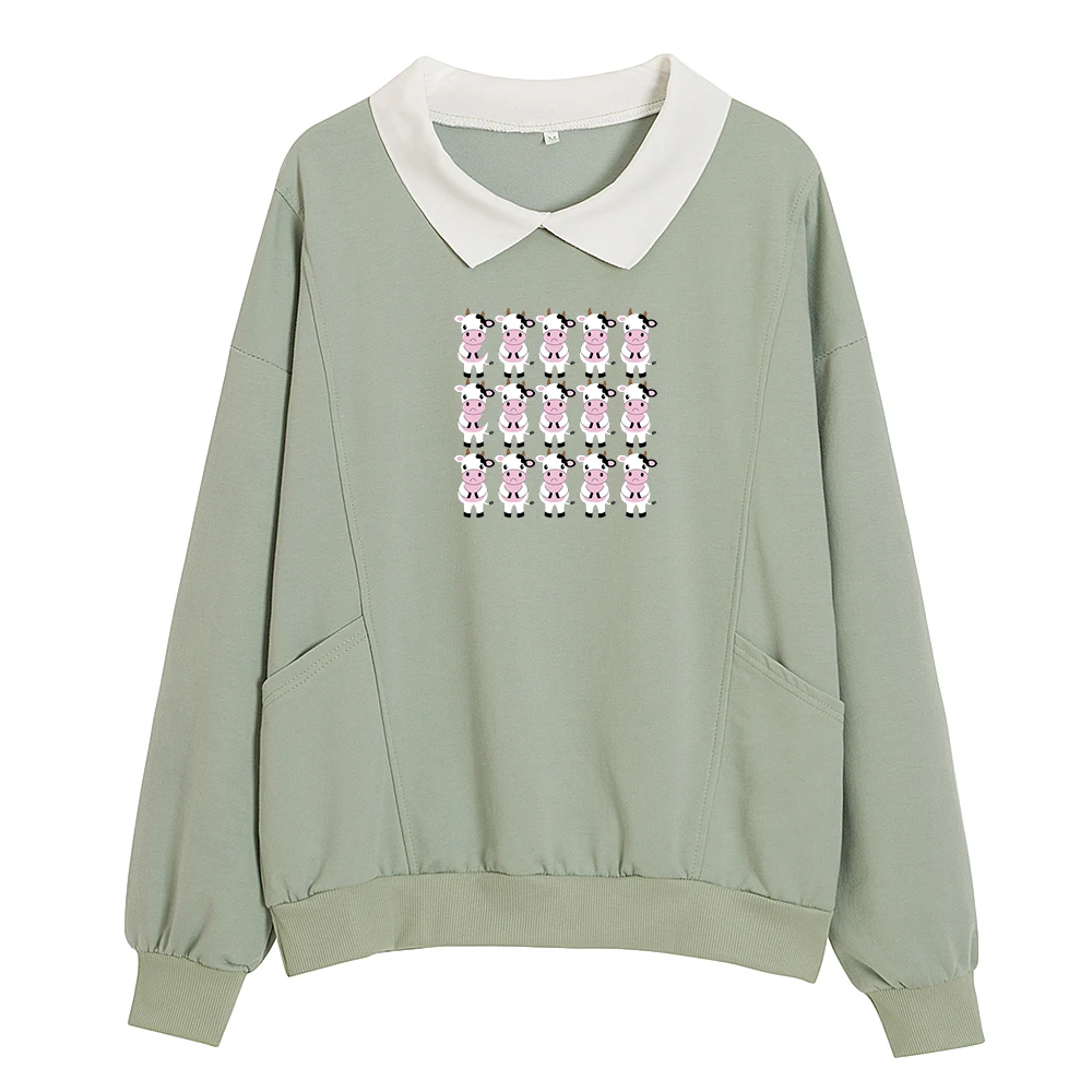Pullover Tops Cute Turn-down Collar Sweetshirts Kawaii Hoodies Harajuku Cow Printed Women Autumn Full Sleeve Leisure Sweatshirts