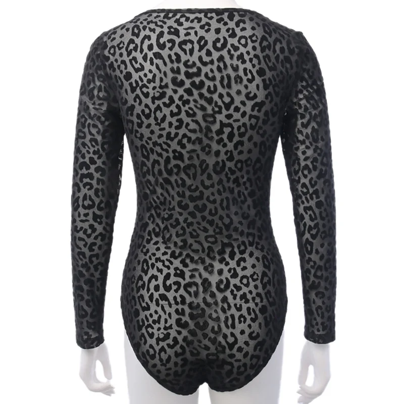 

Women Sexy Perspective Leopard Pattern Stitching Bodysuit Long Sleeve New Fashion Sexy Mesh Slim Bottoming Shirt Bodysuits