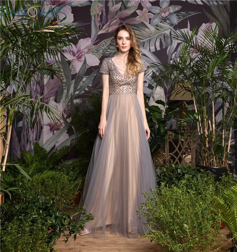 

Evening Dress Long 2019 V-Neck Beaded Formal Party Dress A-Line Prom Dresses Evening Gown robe de soiree vestido longo festa