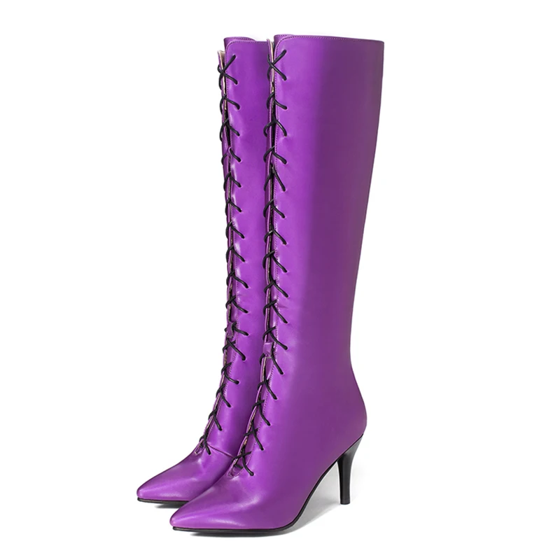

Lucyever Women Pointed Toe High Heels Knee High Boots Cross Strap Solid Winter Warm Knight Boots Footwear Heels Shoes Woman