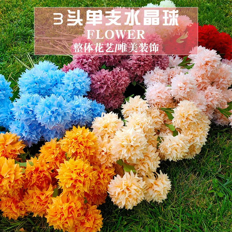 

Artificial flower 3 header chrysanthemum single crystal ball onion ball chrysanthemum road lead wedding flowers home decoration