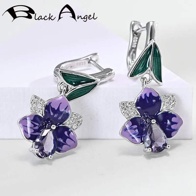 

BLACK ANGEL Purple Enamel Russia Flowers 925 Silver Amethyst Gemstone Clip Earrings 2020 New Fashion Jewelry Christmas Gift