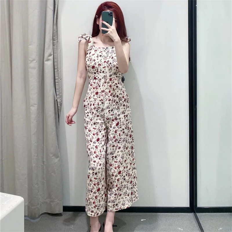 

TRAF Women 2021 Fashion New Holiday Style Floral Sling Sleeveless High Waist Wide Leg Jumpsuit Streetwear