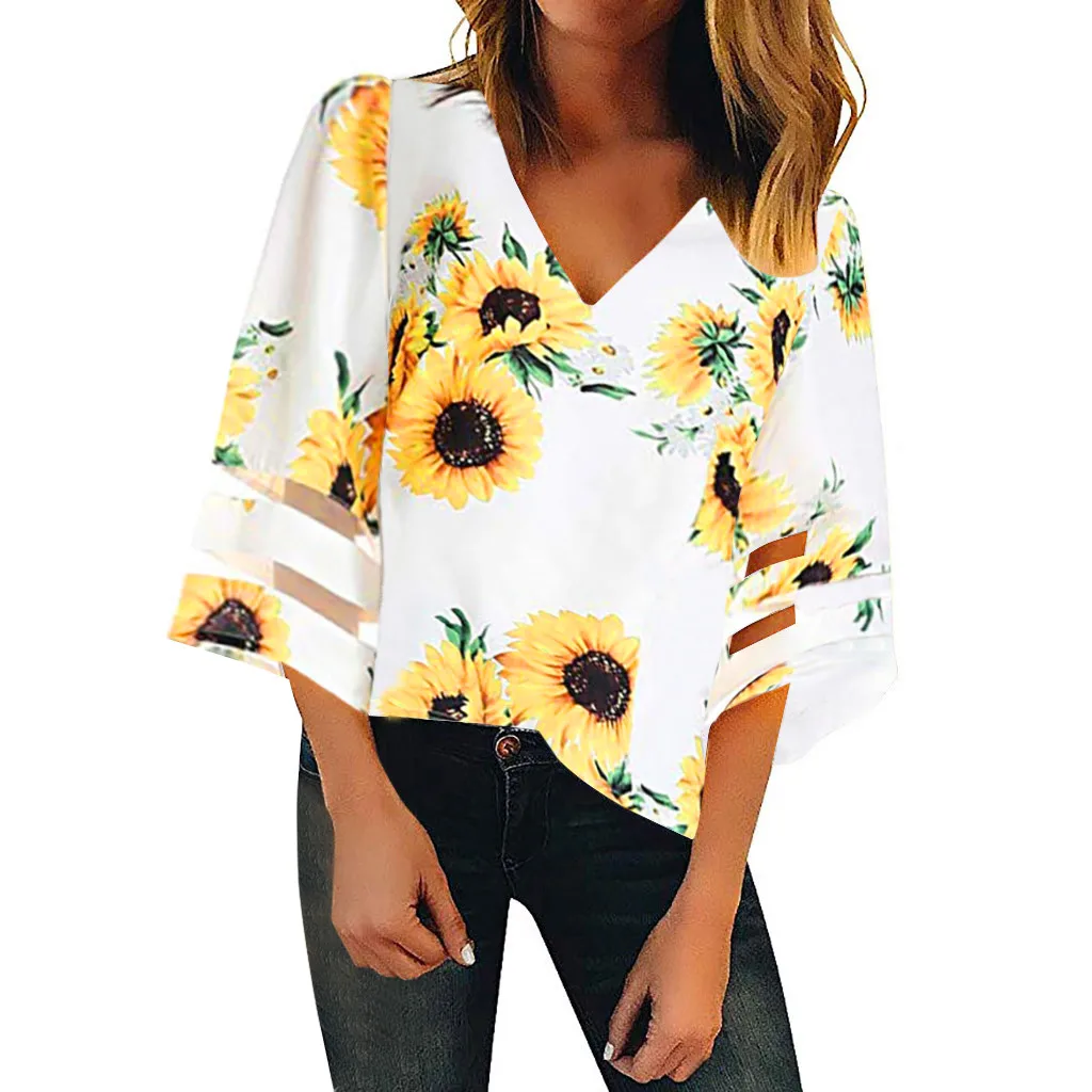 Женская блузка с длинным рукавом сетчатая v образным вырезом и принтом топы