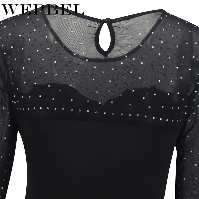 

WEPBEL Women Autumn Sexy Mesh See Through Diamond Bodycon Dress Casual Ladies Long Sleeve O Neck Night Club Wear Evening Dress