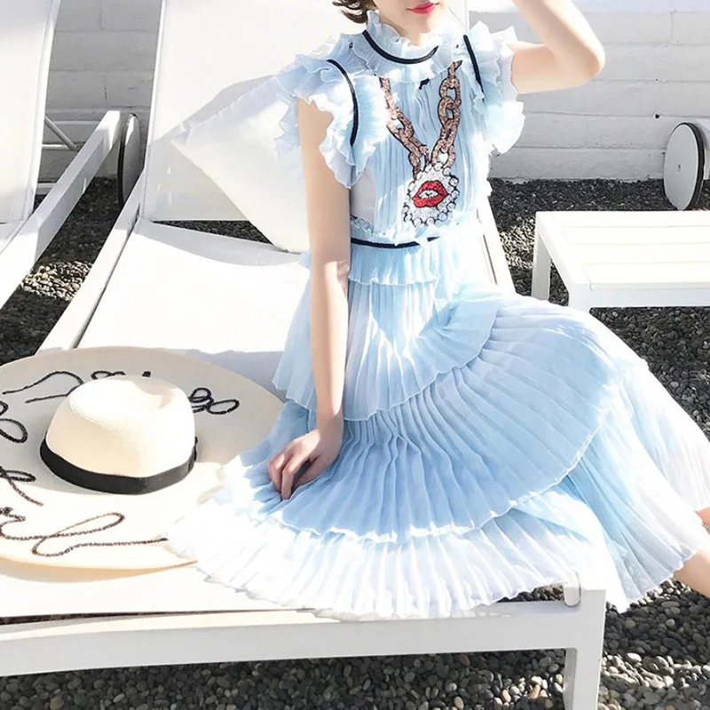 

Summer Runway Dresses 2020 Women High Quality Shiny Amazing Chains Embroidery Tiered Sequined Layered Dress Ladies Party Wear