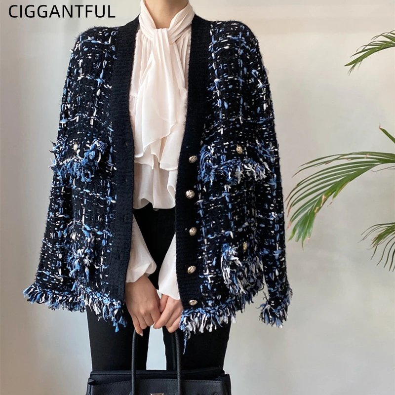 

2021 Autumn Winter New Korean Knitted Tassel Fringe Mixed Color Sweater Tweed Jacket Women Vintage Long Sleeve Elegant Coat