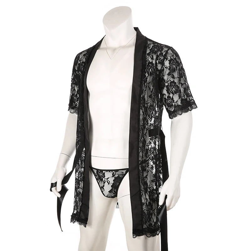 S-2XL Men Lace See-Through Floral Loose T-back Belt Long Nightgown Sleepwear Smooth Comfortable Short Sleeve Bathrobe