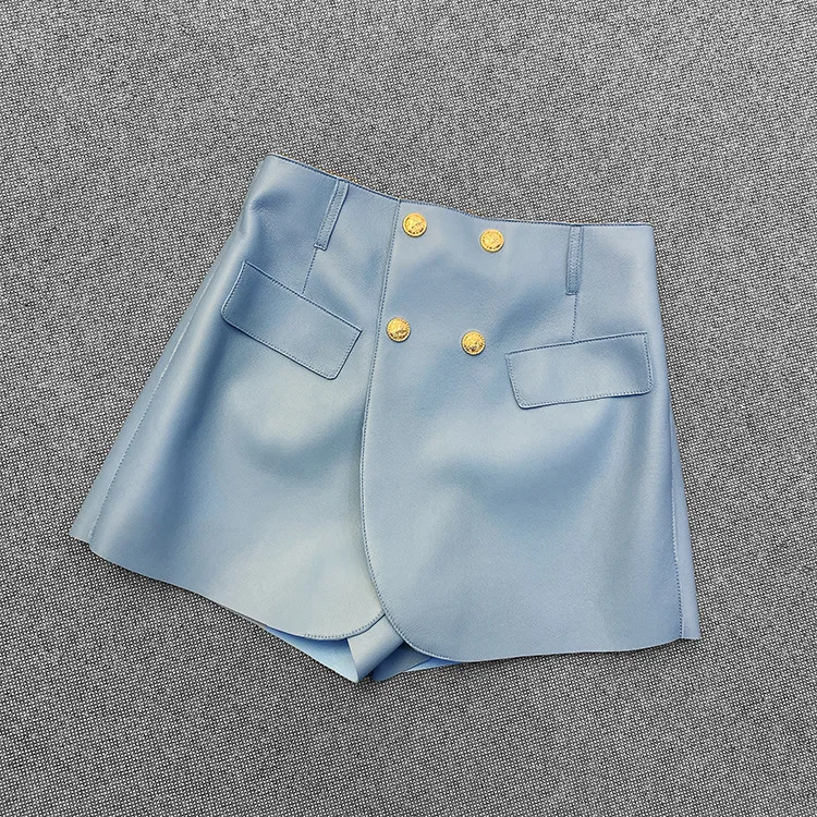 2021 Spring wome's high quality genuine leather shorts chic double-breasted leather pantskirt C555
