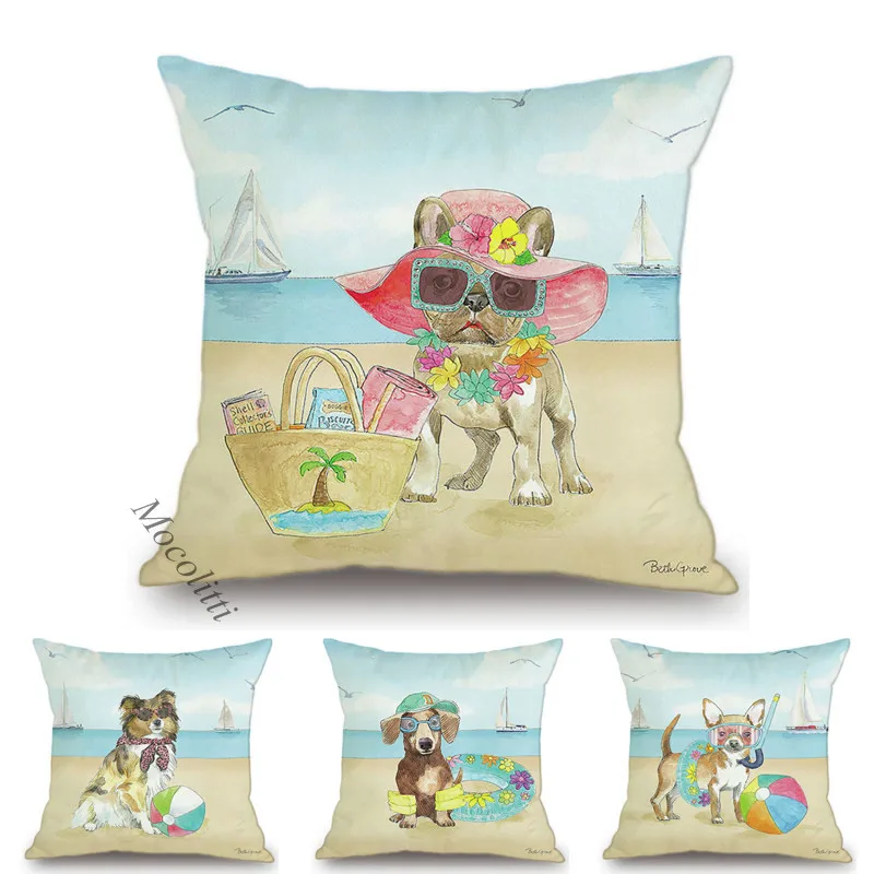 

Dog Swimming Cute Home Decoration Sofa Throw Pillow Cases Funny Animal Beach Vacation Water Color Art Bed Velvet Cushions Cover