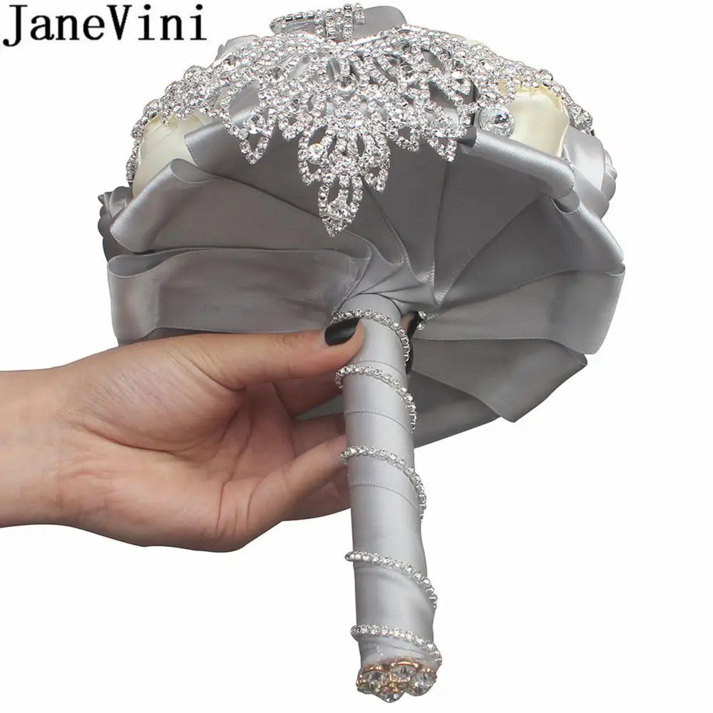 JaneVini Luxury Silver Rhinestone Wedding Bouquet Charm Gray Beaded Crystal Satin Bridal Flowers Bouquets Weeding Accessoire | Свадьбы и