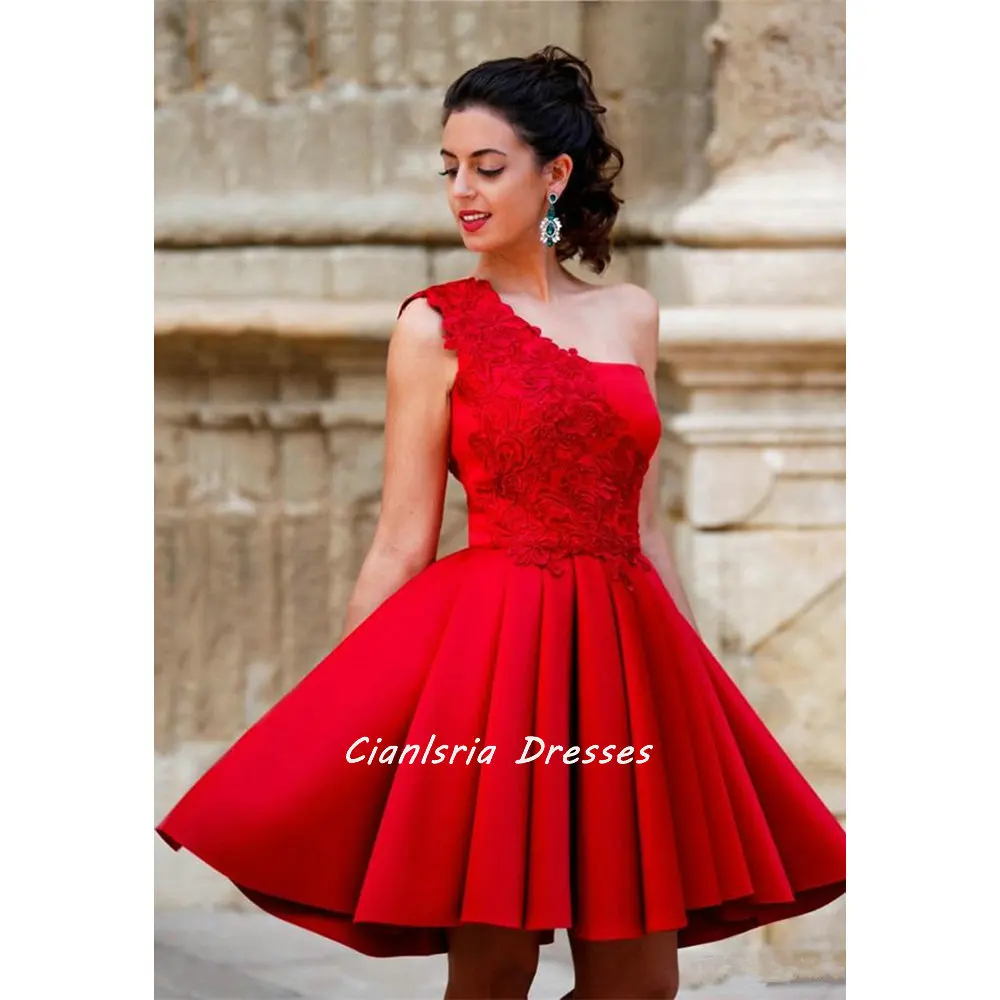 Red One Shoulder Knee-Length Homecoming Dress Sleeveless Appliques Lace Short Cocktail Party Prom Gown