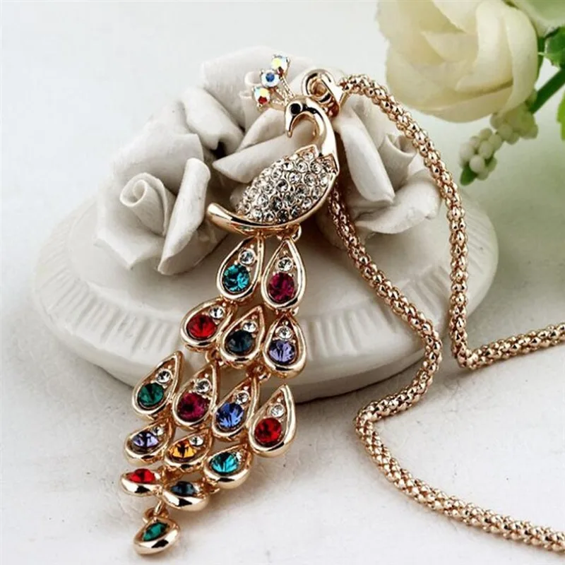 

Big Size Hot New Fashion Trendy Peacock Long Colorful Crystal Necklaces & Pendants For Women Accessories