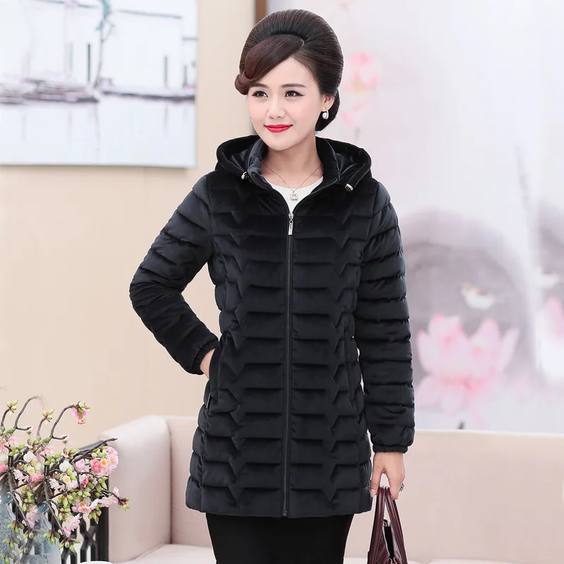 winter jacket women female mothers parka mid-length large size pure color hooded gold velvet cotton coat women
