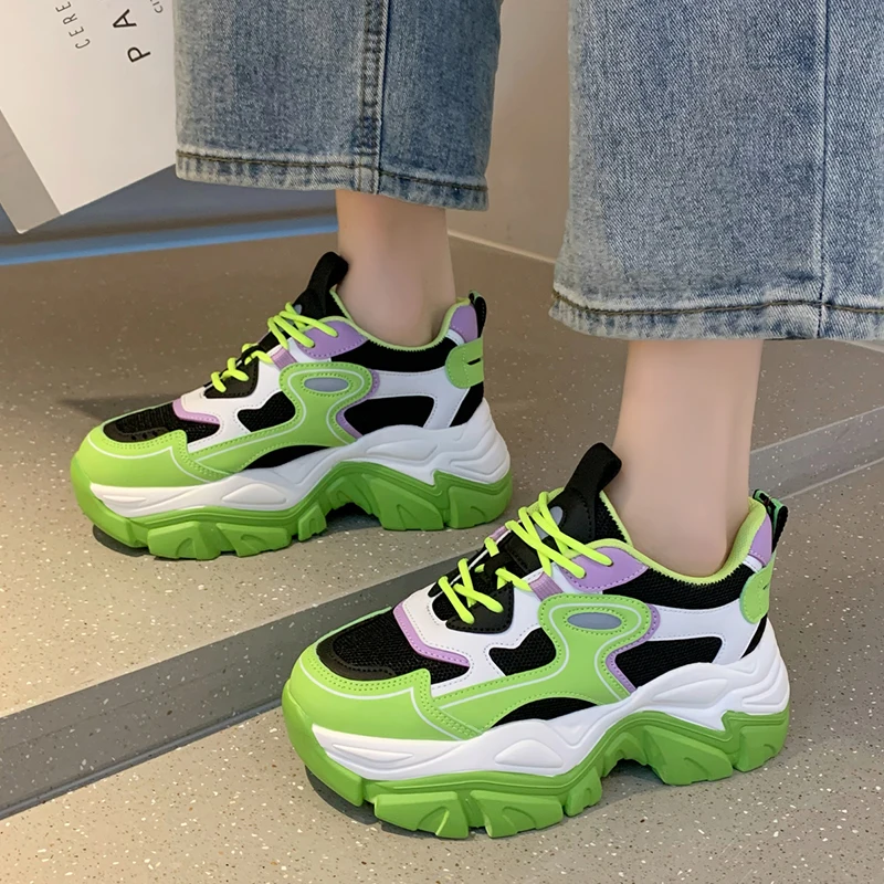 

2021 Autumn New Fashion Platform Sneakers Women Non-slip Thick Sole Sport Shoes Woman Korean Style Green Chunky Sneakers