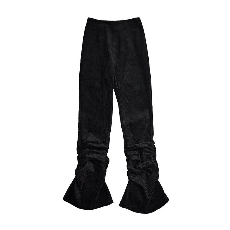 

VGH Corduroy Black Ruched Flare Pants For Women High Waist Minimalist Casual Straight Trouser Female Fashion New Clothing 2021