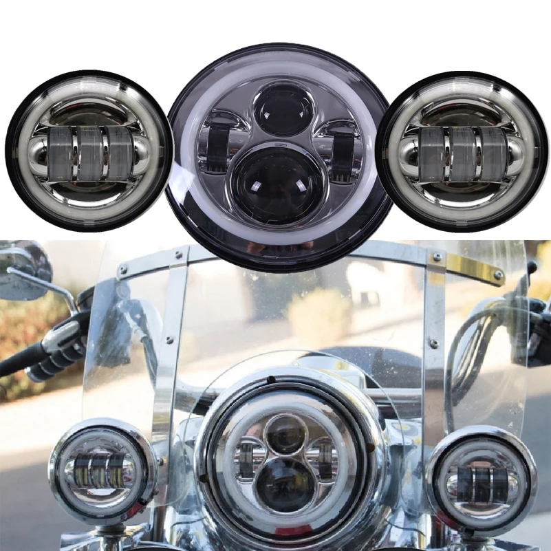 

Хром 7 дюймов светодиодный DRL мотоциклетная фара + 4-1/2 "Светодиодный Противотуманные фары ближнего света для Harley передние противотуманные фары дальнего света проектор
