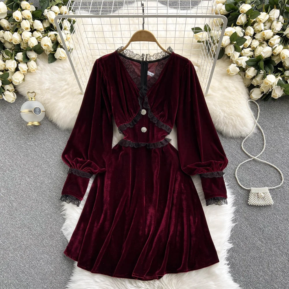 

Женское бархатное платье с длинным рукавом-фонариком, черное/красное элегантное лоскутное платье мини с кружевом, осень 2021