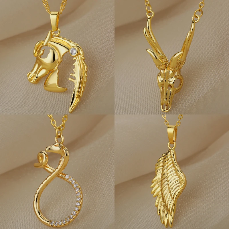 

Gold Antelope Skull Pendant Necklace for Women Men Angel Wing Choker Chain Goth Snake Necklace Jewelry Accessories Gifts