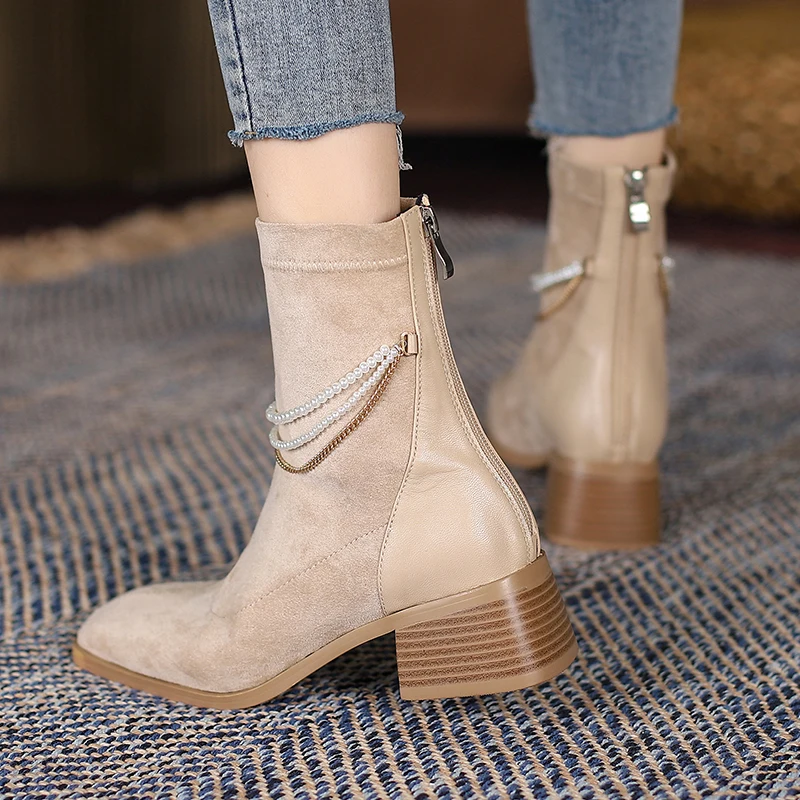 

Winter Boots Women Genuine Leather Ankle ladies Point Toe Short Boots Zipper Shoes 2021 Black Woman Thick Heel Boots