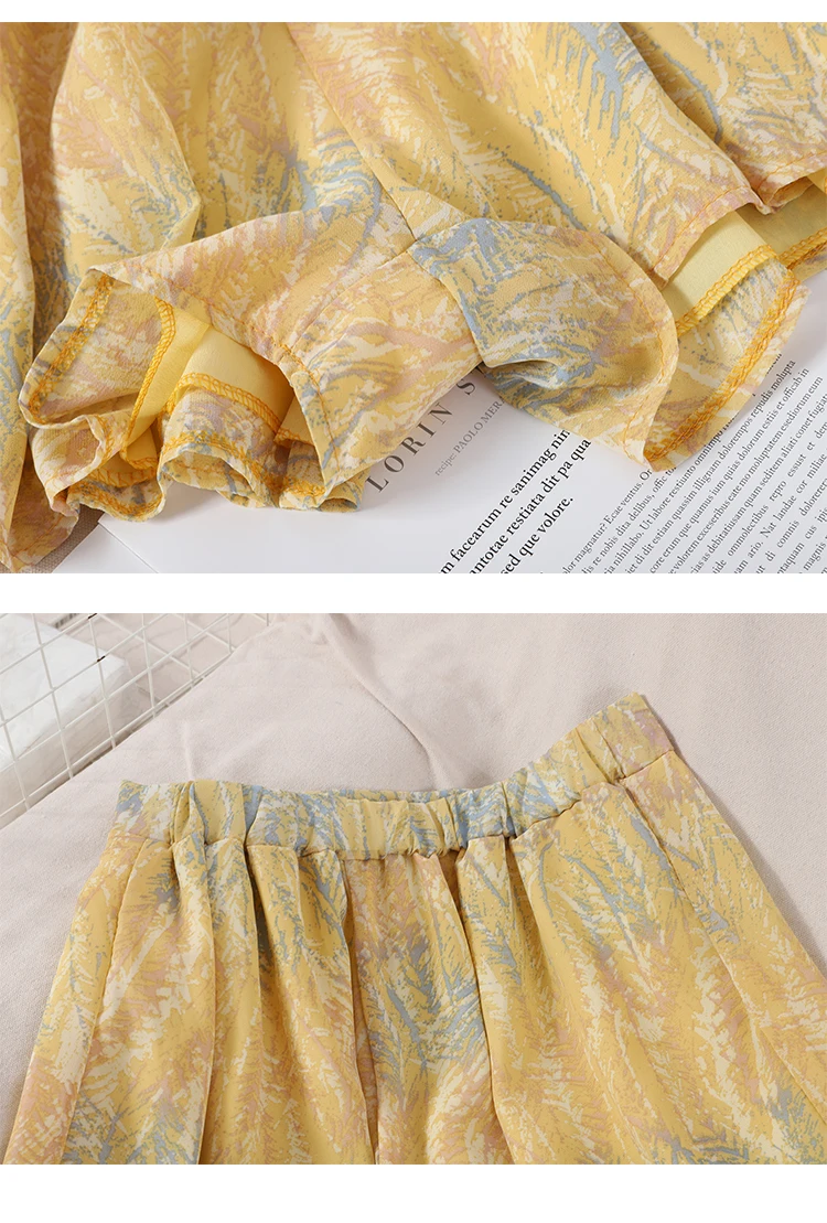 

2 Piece Outfits Women Clothing Fashion Strap Short V-neck Shirt High Waist Slim Wide Leg Shorts Printed Suit Ladies Summer 2021