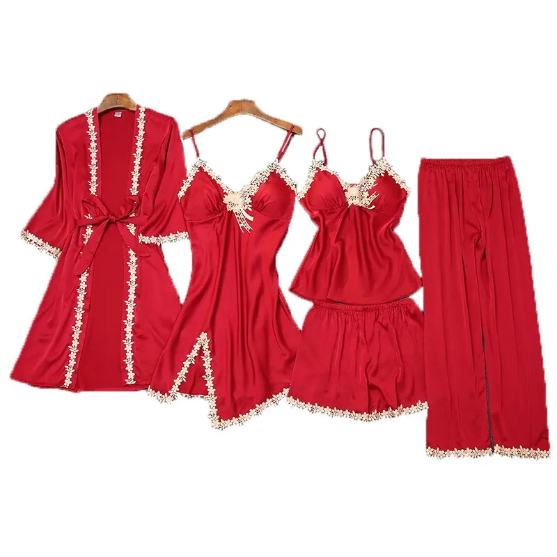 

2021 New 5PCS Pajamas Set Sexy Robe Kimono Gown Sleepwear Satin Nightgown Women Lace Nightwear Loungewear Bathrobe With Pads