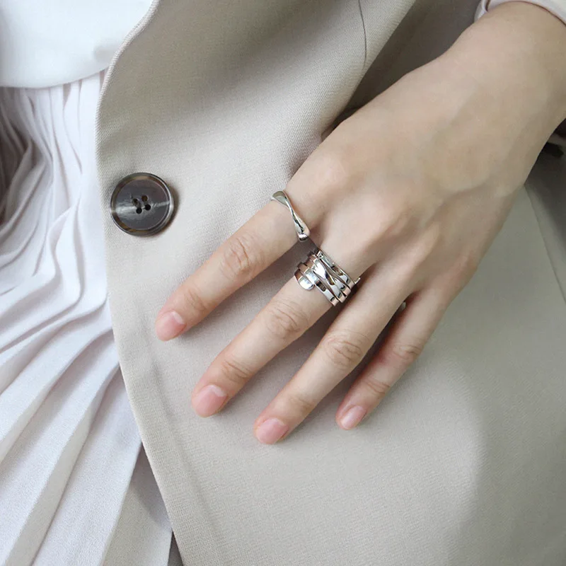 

3UMeter S925 Pure Silver Ring Ins Simple Personality Multi-layer Winding Female Ring Index Finger Silver Ring Big Silver Rings