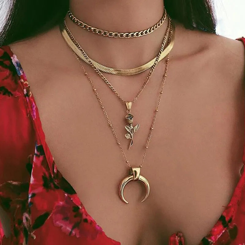 

Gold Rose Flower Moon Pendant Necklace for Women Boho Chain Link Long Multilayer Necklaces Collares Party Jewelry