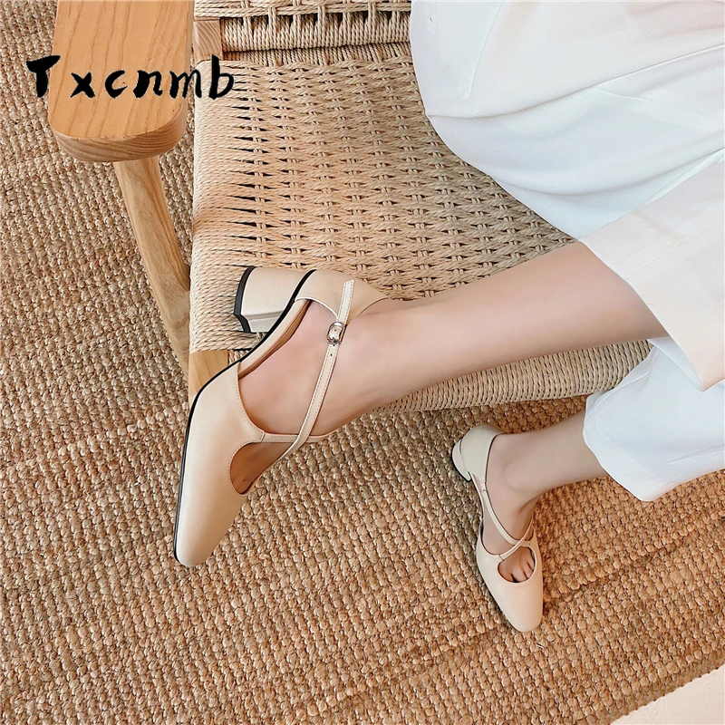 

TXCNMB Newest Concise Genuine Leather sandals Women Footwear 2020 Summer fashion Thick Heels Pumps Casual House Shoes Woman