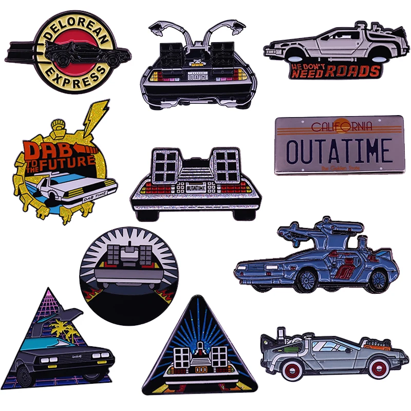 DeLorean Badge OUTATIME Car Brooch Time Travelling Machine Enamel Pin Retro 80s Movie Back To The Future Marty McFly Doc Brown